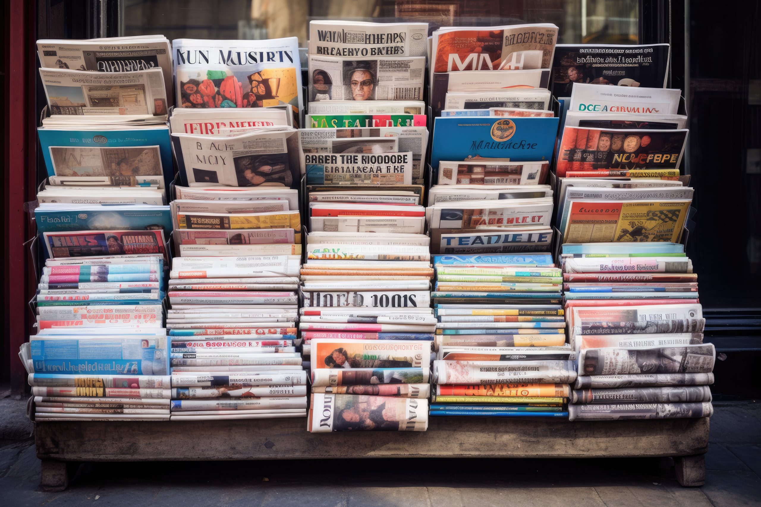 Newspapers on a market stall, Newspapers on a market stall in London, England, UK, AI Generated